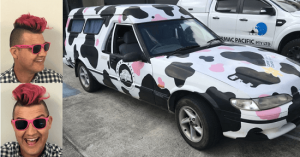 2 pictures of a man with a pink shades and mohawk hair along with the Moomobile, the car used for the fund raising for Cancer Council of Australia.