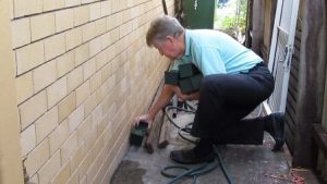 A man (Ion Staunton) placing a green boxes of termite traps around a building as the featured image of the "place of monitors in termite defence" blog.